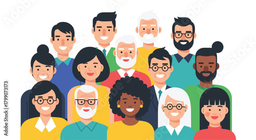 Diverse group of smiling people, a vibrant and inclusive team illustration for promoting positive community and unity among generations