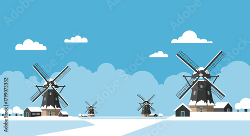 Enchanting winter landscape with windmills and snow-covered cottages under a serene blue sky perfect for holiday promotions and winter themes