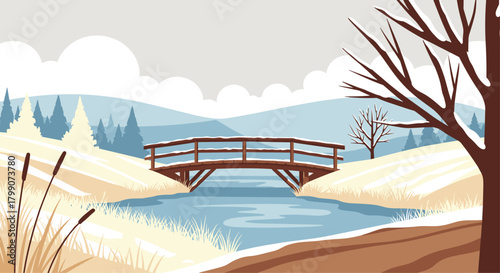 Serene winter landscape illustration featuring a charming wooden bridge over a gentle stream perfect for holiday cards and seasonal designs