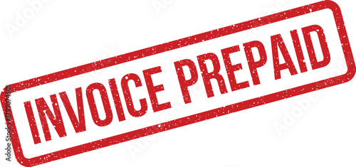 Rectangular grunge rubber stamp icon with INVOICE PREPAID text for upfront payment verification and records