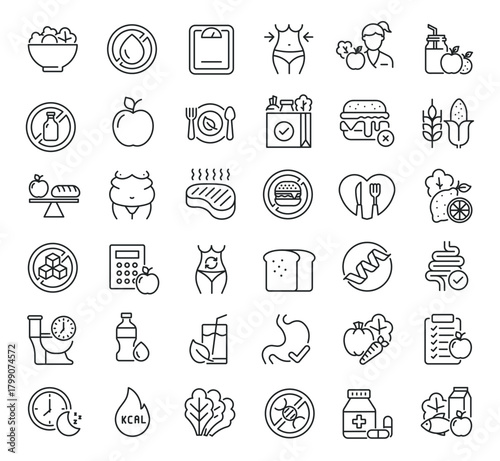 Set of collection line icons related Nutrition. Editable stroke. Perfect pixel on transparent background