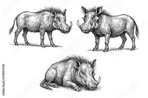 Tableau sur toile warthog set in detailed vintage engraving style, Transparent Background