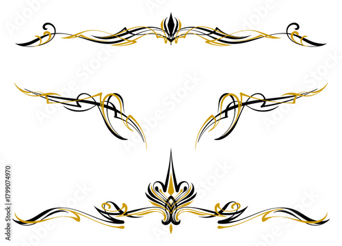 Floral art illustration. Black and gold pinstripes art motorcycle and car. Retro and vintage ornaments. For vinyl sticker, painting template, tattoo, apparel, border, frame. Vector Eps 10.