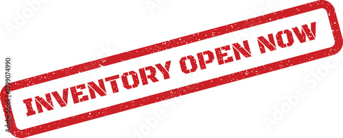 Red grunge textured rubber stamp graphic displaying the important text INVENTORY OPEN NOW for immediate availability