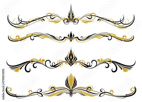 Floral art illustration. Black and gold pinstripes art motorcycle and car. Retro and vintage ornaments. For vinyl sticker, painting template, tattoo, apparel, border, frame. Vector Eps 10.