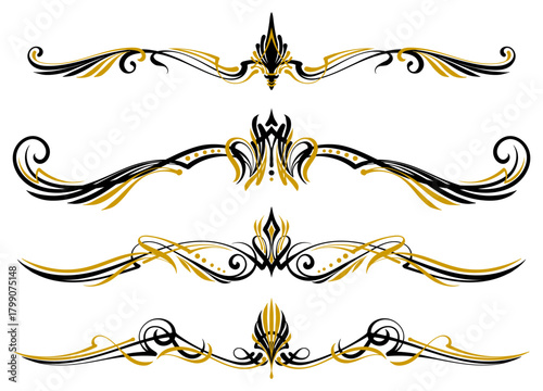 Floral art illustration. Black and gold pinstripes art motorcycle and car. Retro and vintage ornaments. For vinyl sticker, painting template, tattoo, apparel, border, frame. Vector Eps 10.