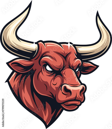 Powerful Red Bull Head with Large Horns Illustration.