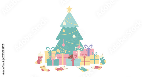 Joyful Christmas tree adorned with festive gifts and charming stockings captures the magic of holiday cheer and winter celebration