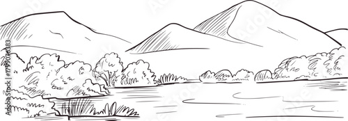 Mountain lake trees sketch nature