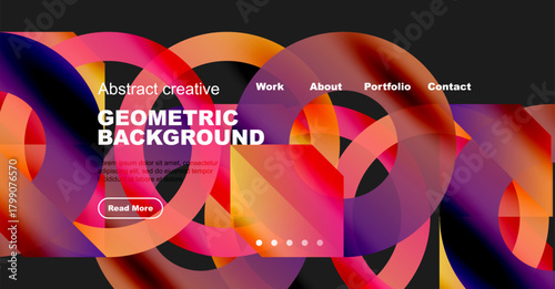 Abstract colorful shapes form dynamic background. Website header includes navigation options, text, button. Modern design elements present.