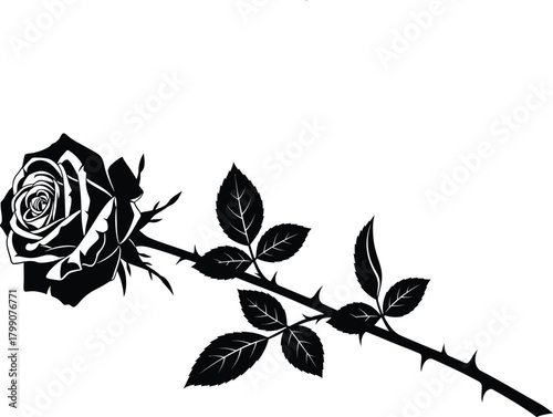 Black and white silhouette of a single rose with thorns and leaves