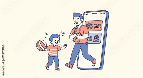 Excited Father and Son Shopping Online on Smartphone Illustration