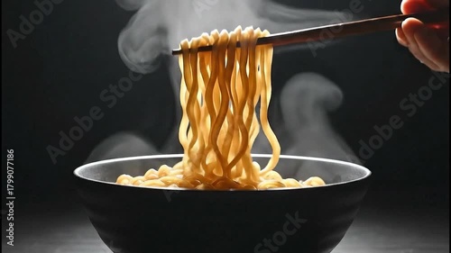 Steaming hot ramen noodles lifted with chopsticks from a dark bowl creating a visually appealing