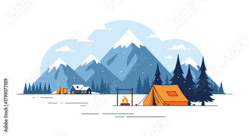 Serene mountain camp scene with cozy cabins, vibrant tents, and a crackling campfire under snowy peaks