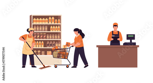 Dedicated grocery store worker cleans aisle while shopper fills cart and cashier waits at register ready for customers