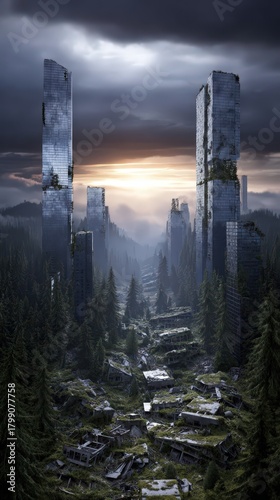 Nature reclaiming futuristic city after global collapse