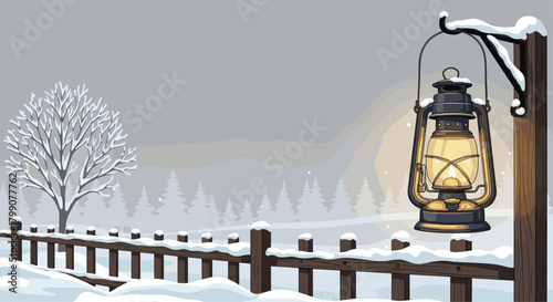 Vintage lantern glows warmly on a snowy winter night, illuminating a serene landscape with frosted trees and a rustic fence