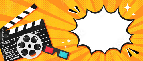 Bright vector cinema movie banner in pop art style. Background decorated with dots, rays and speech bubble