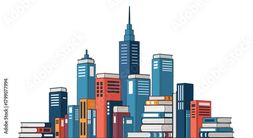 Stunning cityscape artfully blends towering skyscrapers with stacked books, symbolizing knowledge, education, and urban development