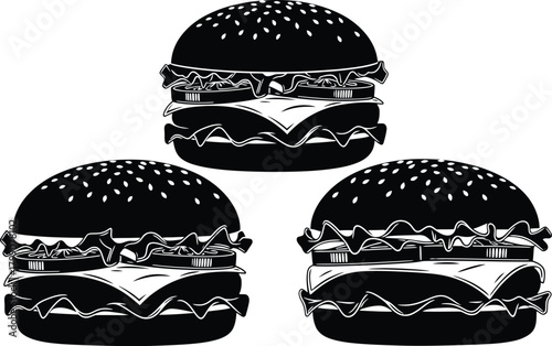 Three stylized black and white graphic illustrations of delicious cheeseburgers arranged in a triangle