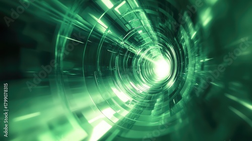 Fototapeta Naklejka Na Ścianę i Meble -  Abstract glowing green light data tunnel traveling