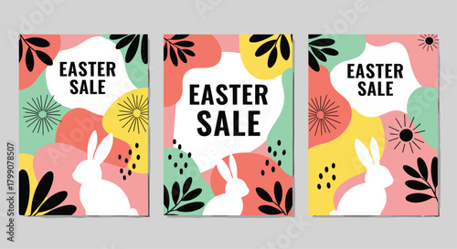 Vibrant Easter sale announcement featuring playful bunnies and abstract colorful shapes, perfect for spring promotions and holiday marketing