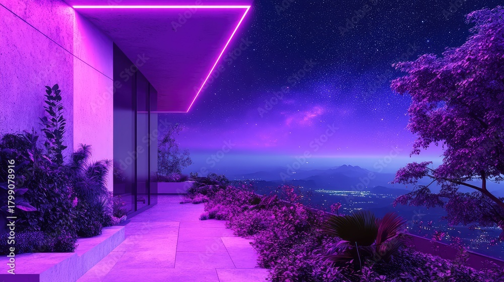 Obraz premium Modern building balcony with neon lights and starry night sky