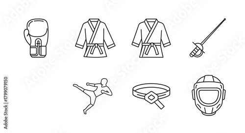 A collection of line art icons representing various martial arts and combat sports equipment and actions.