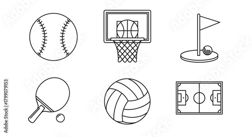 A collection of line art icons representing various popular sports and recreational activities.