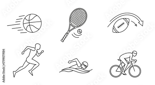 A collection of six minimalist line art icons depicting various popular sports activities.