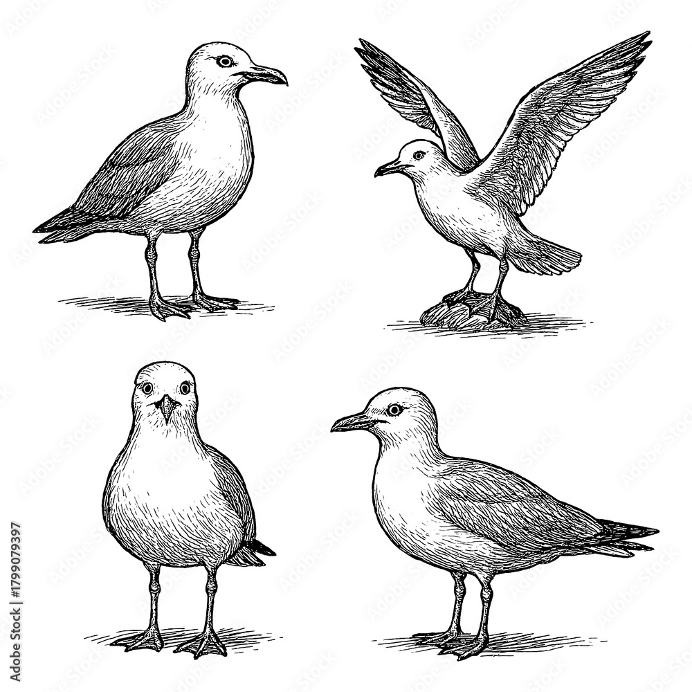 Obraz premium Seagull set in detailed vintage engraving style with multiple poses, Transparent Background
