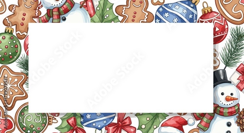 Whimsical Christmas border with festive gingerbread cookies, snowmen, ornaments, and pine branches framing blank space