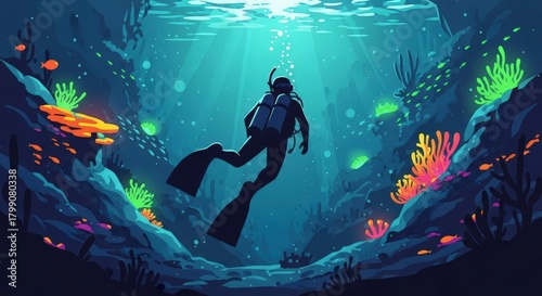 Wallpaper Mural Underwater Scuba Diver Exploring a Beautiful Coral Reef with Sunlight Beams and Vibrant Marine Life Torontodigital.ca