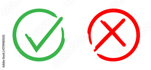 Check mark, tick and cross brush signs, green check mark OK and red X icons
