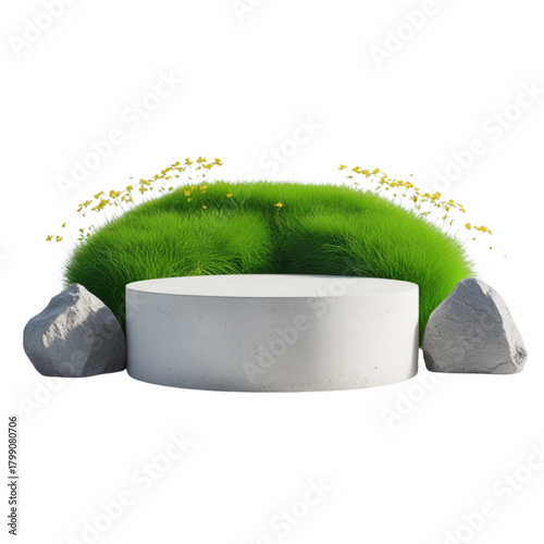 White cylindrical pedestal on a mossy hill with gray rocks and flowers