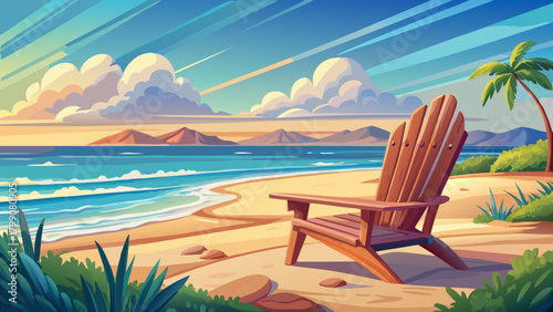 Very beautiful Adirondack chair on an empty beach bathed in soft natural light, with smooth sand, gentle waves, and a calm shoreline creating a peaceful coastal atmosphere.