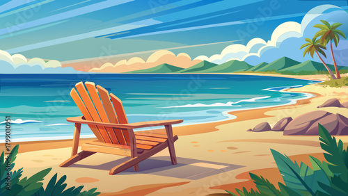 Very beautiful Adirondack chair on an empty beach bathed in soft natural light, with smooth sand, gentle waves, and a calm shoreline creating a peaceful coastal atmosphere.