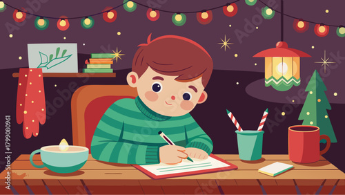 Cute boy writing letter at cozy Christmas desk with hot drinks, decorations, and warm festive lights