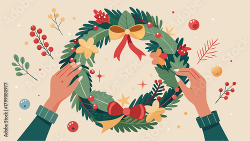 Hands holding a decorated Christmas wreath with ribbons, flowers, berries and festive ornaments on light background