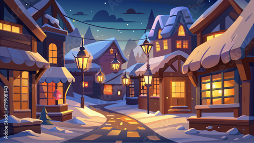 Cozy snow-covered village street with glowing windows, festive lights, and peaceful winter night atmosphere