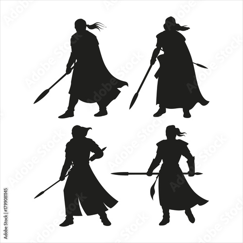 Fantasy fighter character silhouettes with spears for RPG game development
