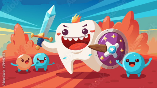 Happy cartoon tooth hero with sword and shield leading colorful characters in a fantasy adventure landscape