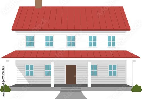 Simple Flat Design Two Story Farmhouse with Red Roof Illustration