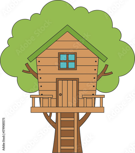 Flat Cartoon Treehouse Illustration, Wooden Structure with Ladder and Green Foliage