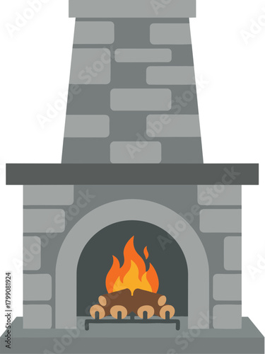 Flat Style Detailed Fireplace with Burning Logs and Stone Bricks Illustration