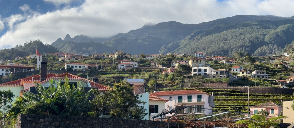 Naklejka premium Panorama A small village lost in mountains, Madeira, Portugal 