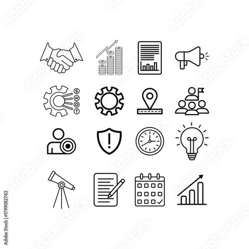 Clean line icon set featuring business strategy elements such as planning, growth, teamwork, marketing, finance, target, risk, time, vision, and innovation. Perfect for apps and presentations.