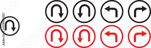 turn Right, Left, U sign set. sharp turn warning. driving navigation icon. Road sign arrow set. go straight, turn left, turn right, u turn direction sign. traffic direction symbol.  Go straight, this 