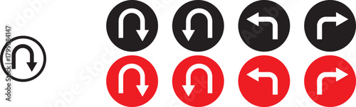 turn Right, Left, U sign set. sharp turn warning. driving navigation icon. Road sign arrow set. go straight, turn left, turn right, u turn direction sign. traffic direction symbol.  Go straight, this 