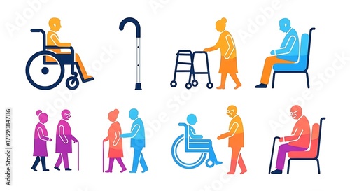 Mobility aids and assistive devices for seniors and disabled persons illustration vector design